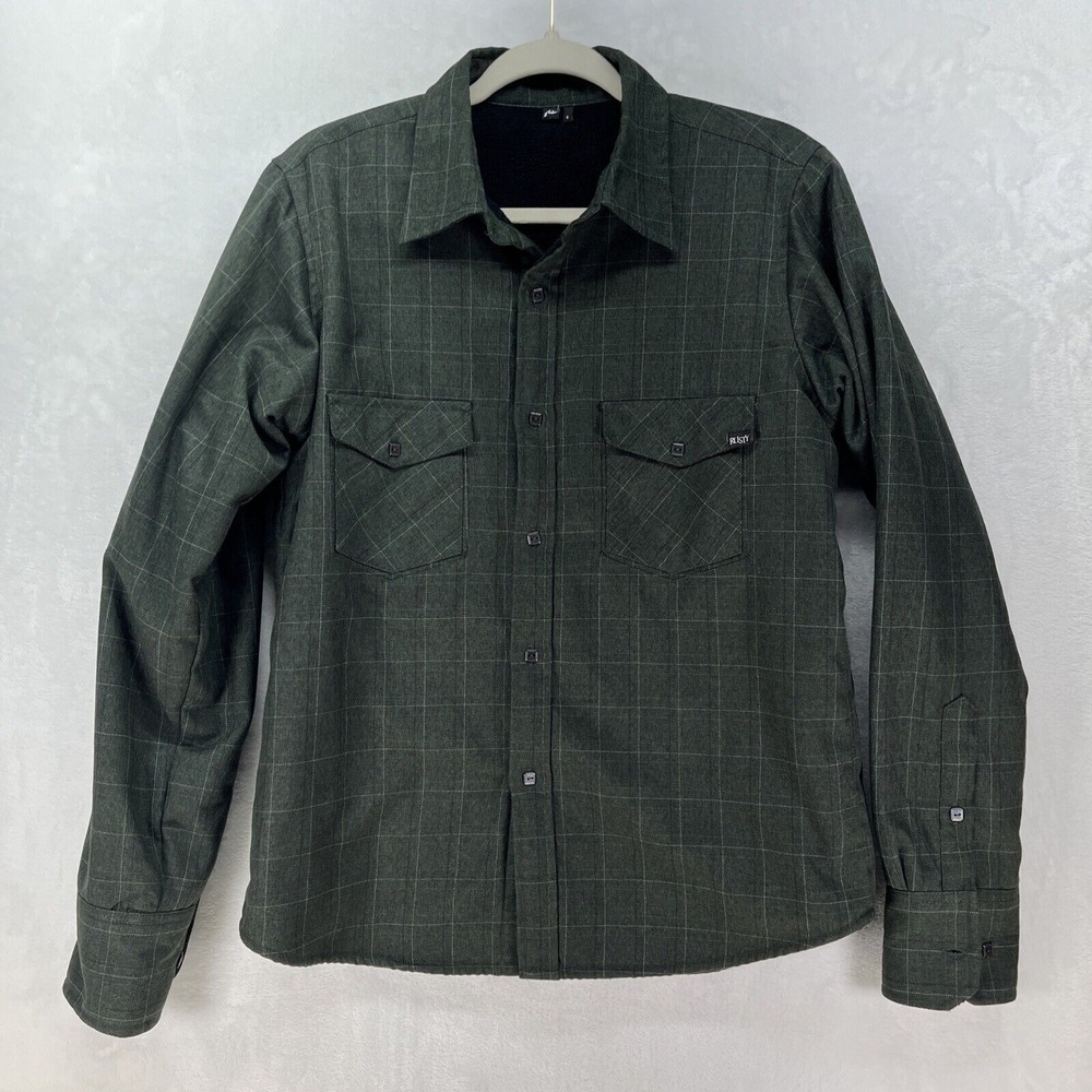Rusty Fleece Lined Shacket Men's Sz‎ Small Green Grid Pockets Button Down